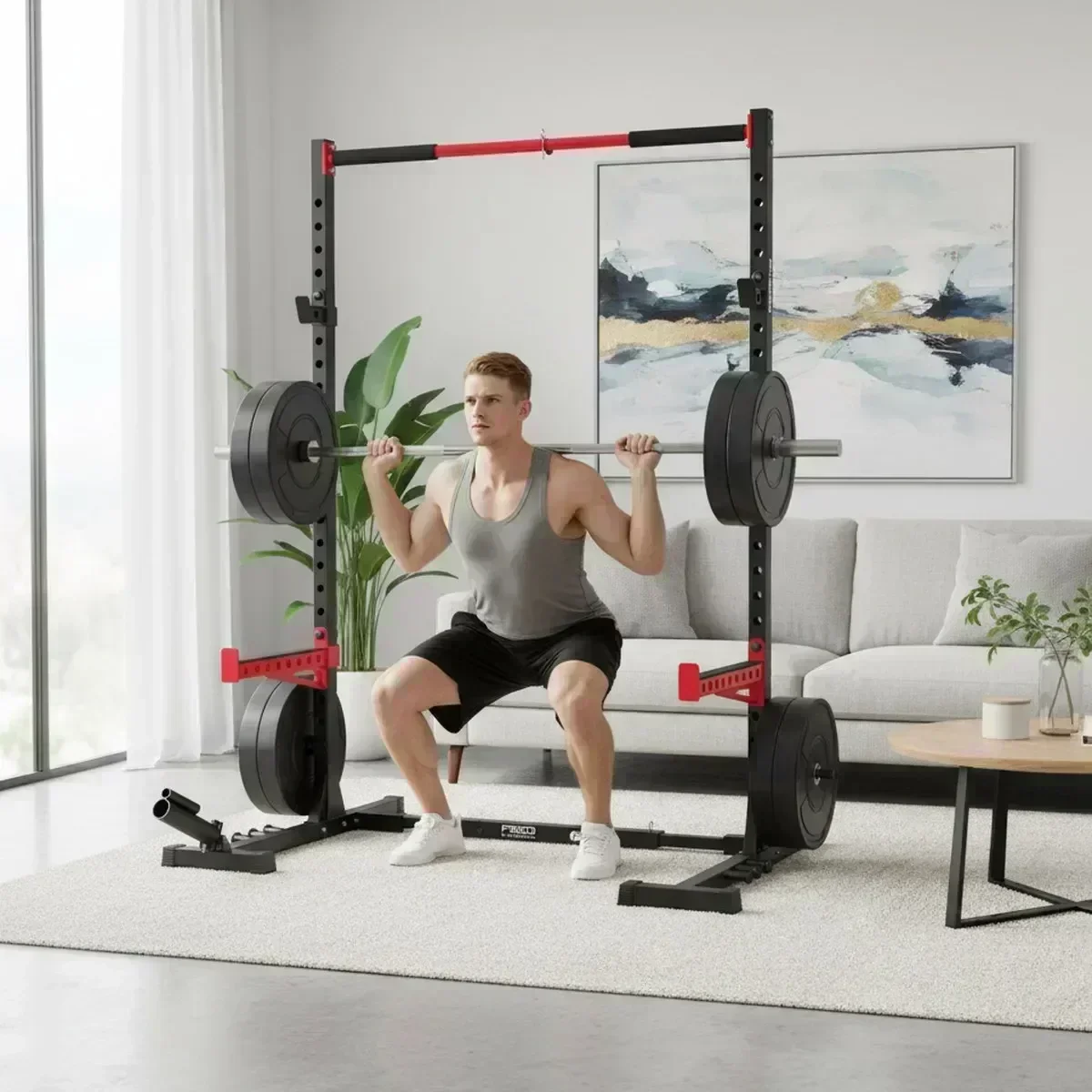 Home Gym Pull Up - Verstellbares Home-Gym-Kniebeugengestell mit Klimmzugstange, Hochleistungs-Stahl-Hantelkäfig für